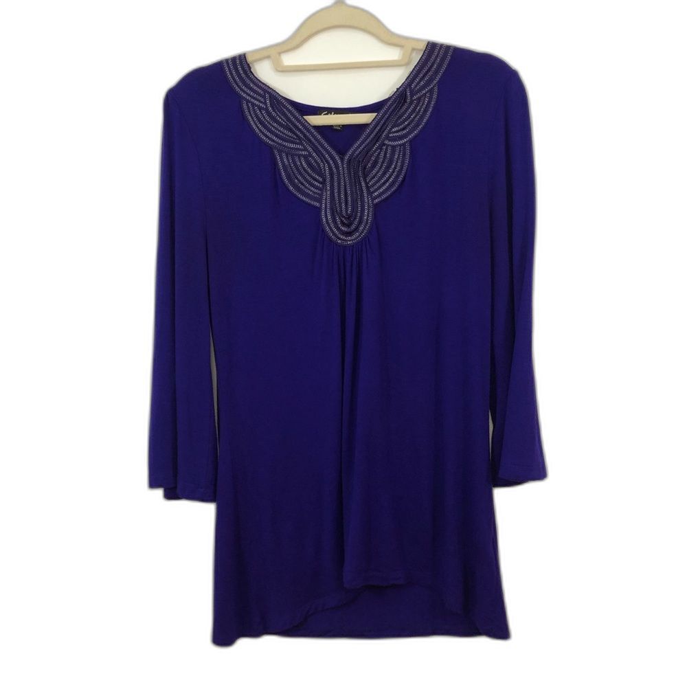 Color FX Purple Knit 3/4 Sleeve Top Size Medium Embellished Neckline